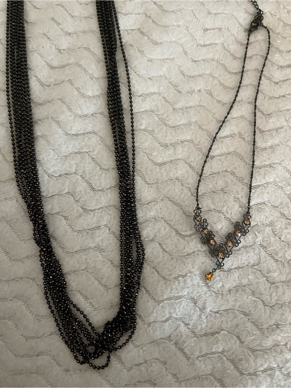Gunmetal Multi-Strand Beaded Waist Chaim with Amber Accent Necklace